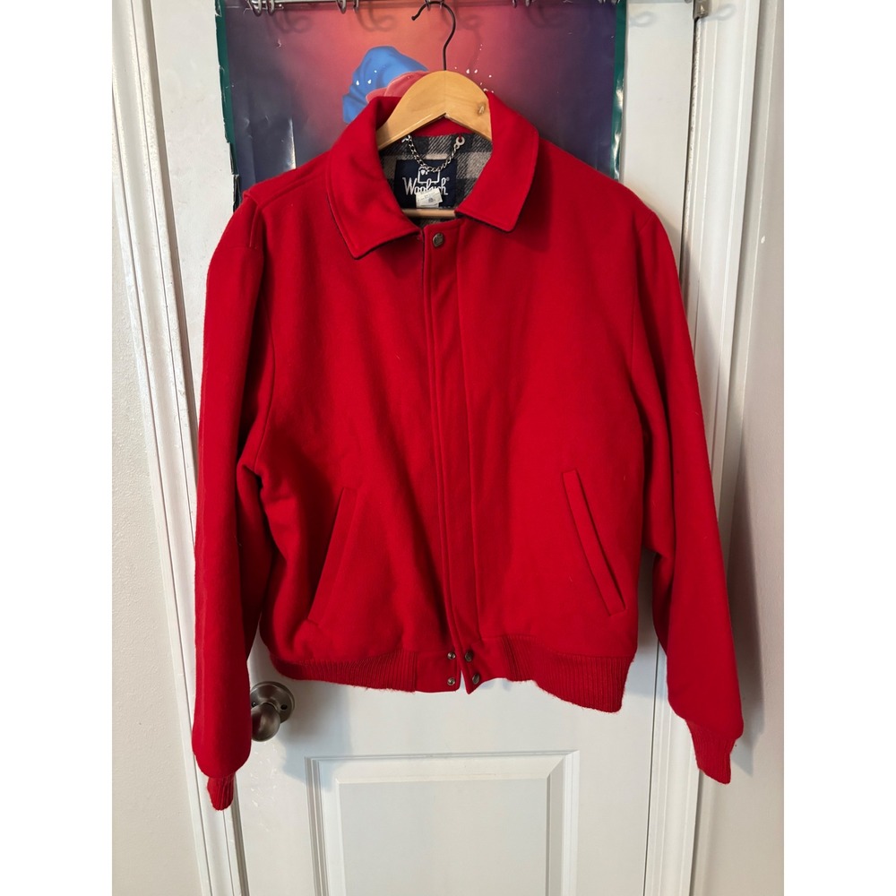 Woolrich Vintage Red Virgin Wool Bomber 80s Plaid Lined Made in USA Mens L